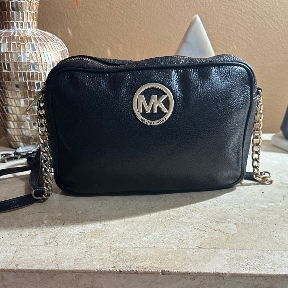 Michael Kors Black Leather Crossbody Bag with Gold Accents